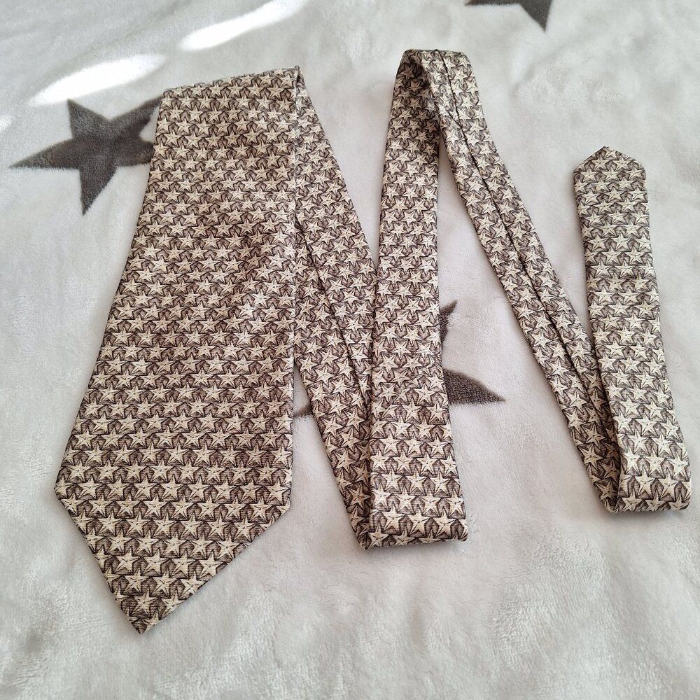 Ralph Lauren Chaps 100% Silk Mens Neck Tie Beige Star Pattern Made In Usa